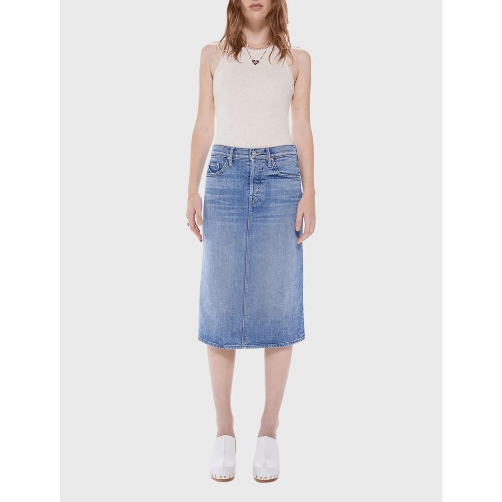 MOTHER Superior The Vagabond Midi Denim Skirt 28 Pencil Stretch USA Light Wash
